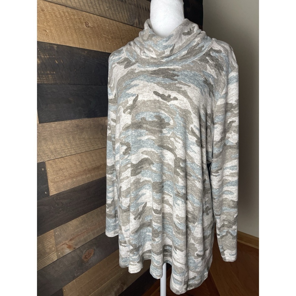 Susan Graver Weekend Regular Camo Sweater Knit Cowl-Neck Tunic Size XL